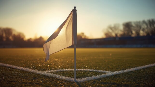 Corner flag on a soccer field at sunrise with a fluttering white flag