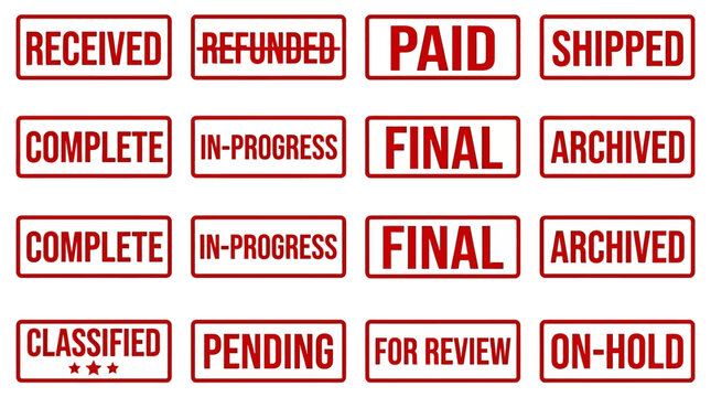 Collection of red rubber stamp icons depicting various business and administrative status updates for documents, orders, or processes