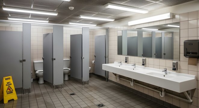 Clean commercial public bathroom facility with stalls and handwashing sinks