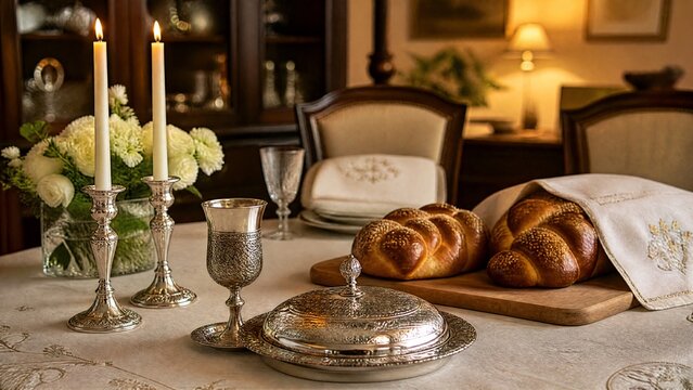 A Shabbat table set with a white linen cloth, silver cup, and braided challah bread, warm ambient light.