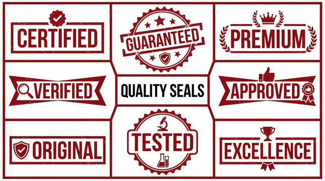 Collection of Quality Assurance Seals and Badges Certified, Verified, Original, Guaranteed, Tested, Approved, Premium, Excellence