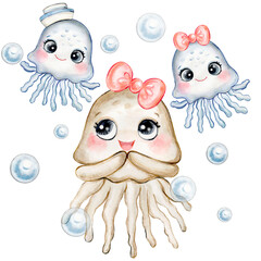 Obraz premium Watercolor illustration with cute jellyfish mom and two baby jellyfish. Handmade watercolor illustrations for Mother's Day, postcards and prints