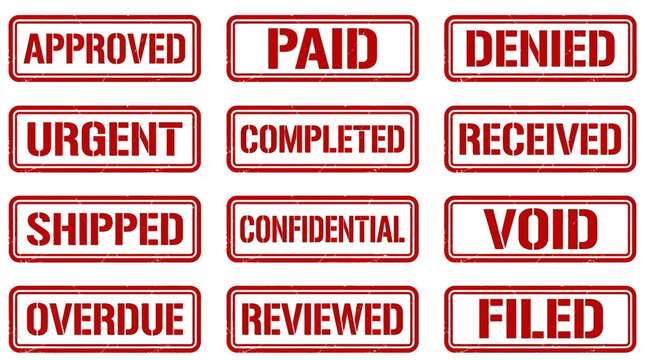 Collection of Red Stamps Indicating Various Business Transaction Statuses Approved, Paid, Denied, Urgent, Completed, Received, Shipped, Confidential, Void, Overdue, Reviewed, Filed