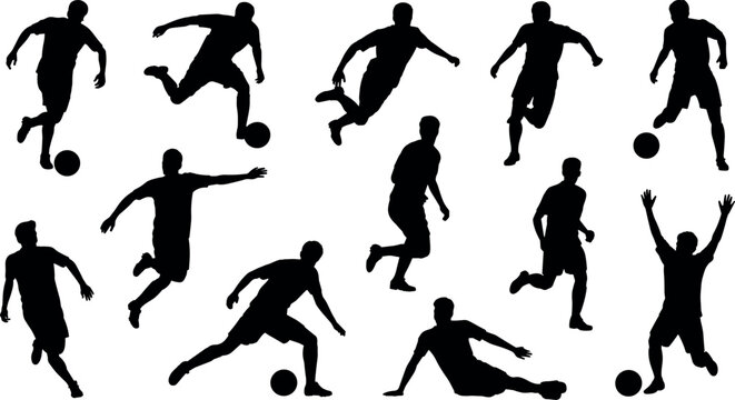Soccer players silhouette vector collection featuring football athletes passing kicking dribbling shooting and celebrating set