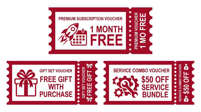 A vibrant collection of promotional vouchers and discount coupons in red, featuring offers such as free subscription periods, gifts with purchase, and service bundle savings