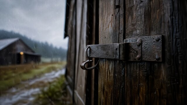 Weathered barn door with a heavy metal hasp swaying in a rainy atmosphere.