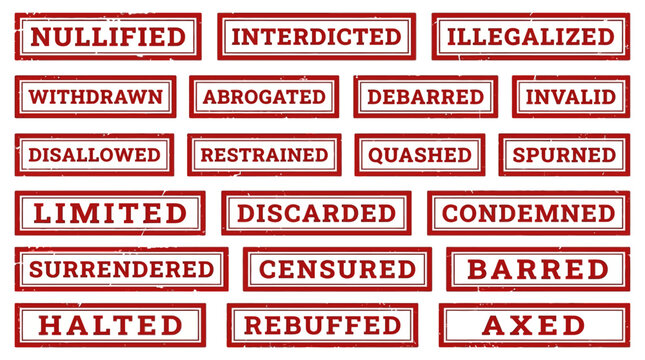 Red grunge rubber stamps illustrating terms like nullified, interdicted, and barred, representing concepts of prohibition, invalidation, and legal restriction