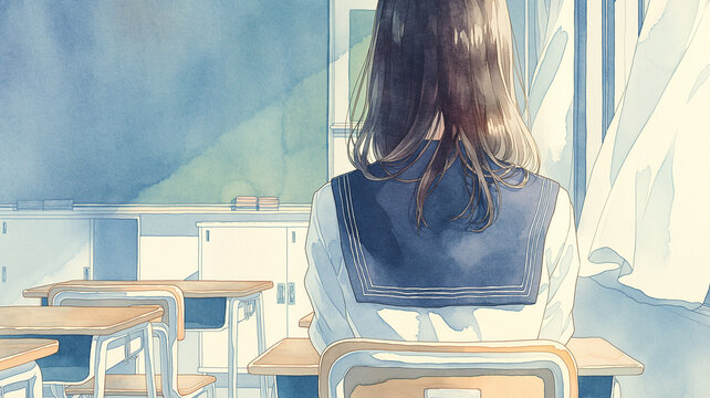 制服姿で楽しそうに話す学生グループのイラスト、高校生、中学生、男子生徒、女子生徒、同級生、友人、会話、談笑、登下校、休憩時間、学校、教室、校舎、通学、学園生活、友情、仲良し、青春、日常、若者、笑顔、交流、つながり、思い出、学び、教育、人物、集合、爽やか、親近感、自然な表情、スクールライフ、放課後、朝の風景、学校案内、学校紹介、進学、成長、未来、人物素材、学生の日常風景、学園風景、学友、青春素材、絆