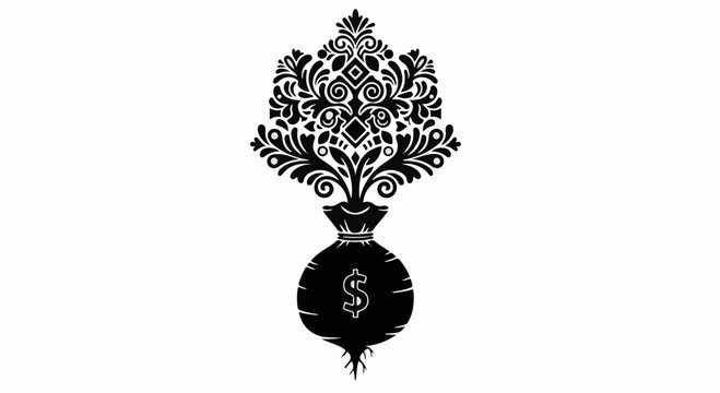 Ornate money bag with dollar sign blooming into flourishing floral pattern
