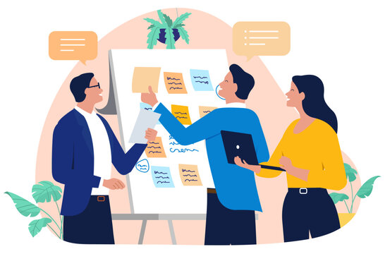 Creative office team collaborating on a whiteboard during a brainstorming workshop session, using colourful sticky notes for project planning, flat design vector illustration of teamwork