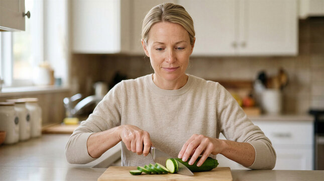 Mature woman slicing cucumber on wooden board in modern kitchen  