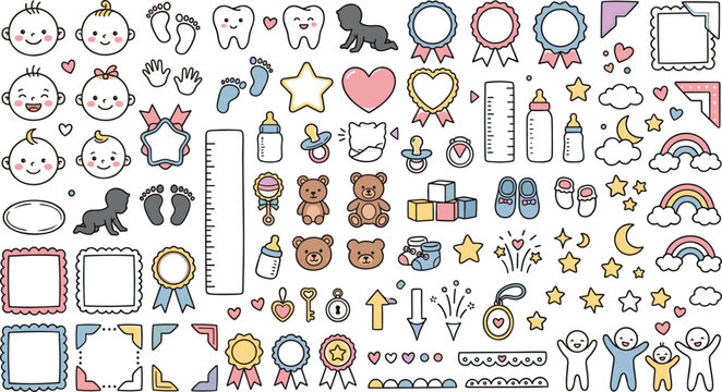 Cute baby shower doodle vector icons set featuring newborn elements teddy bears feeding bottles footprints photo frames ribbons clouds stars and rainbows