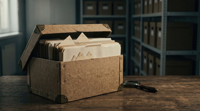 Vintage archive box with paper files on a wooden table in a dark office room