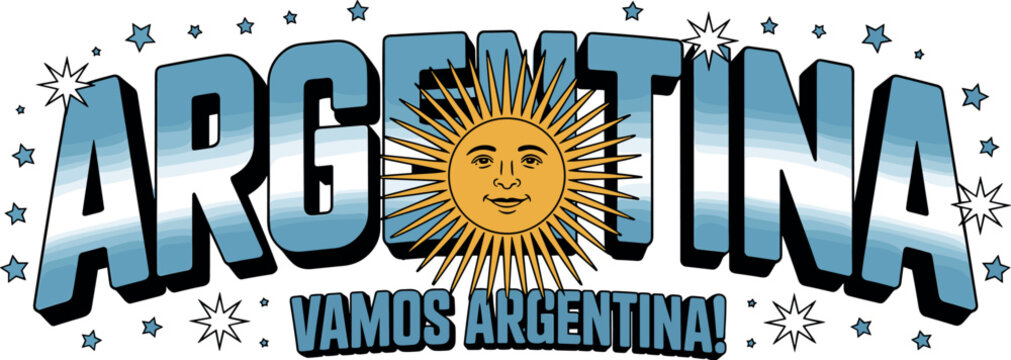Argentina patriotic typography design with sun of may flag colors stars and vamos argentina text vector illustration isolated