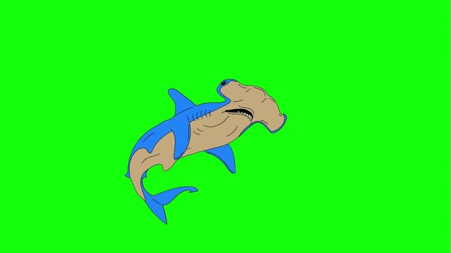 Animated cartoon sea creatures collection featuring sharks and fish on a bright green screen