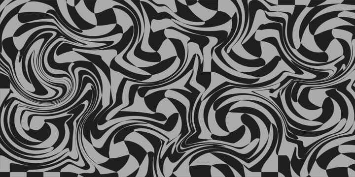 Abstract black and grey distorted checkerboard pattern. Liquid marble swirl texture, wavy fluid optical illusion background. Vector illustration for design.