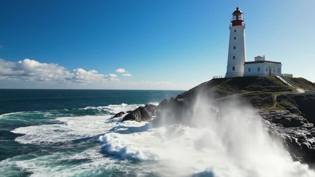 Powerful ocean wave crashing against rocky coastline near a tall lighthouse under a blue sky