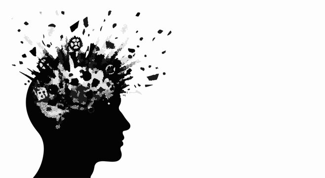 Silhouette of a head exploding with abstract shapes and gears, symbolizing innovation and ideas.