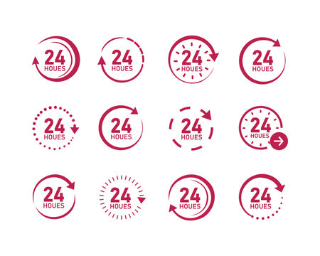 Minimalist red 24 hours service and customer support icon set. Clean vector clock loop arrow symbols isolated on white background for delivery and open anytime UI layouts.