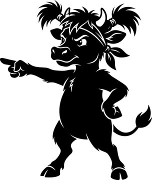 Silhouette graphic of a cartoon bull character pointing finger with attitude silhouette pointing attitude character isolated stencilled