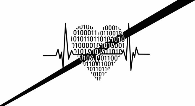 Digital heart with binary code interrupted by a diagonal line, symbolizing a broken connection or system failure.
