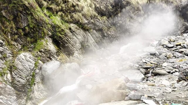 Yamunotri hot water spring as known as Surya Kund flowing besides the Yamunotri temple