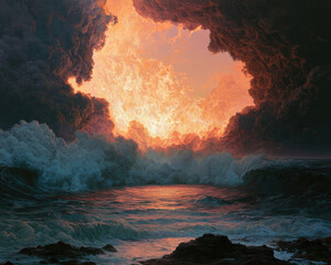 Fototapeta premium Fiery sky bursts through jagged cliffs
