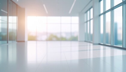 Fototapeta premium Blurred modern corporate office lounge background with bright window lighting