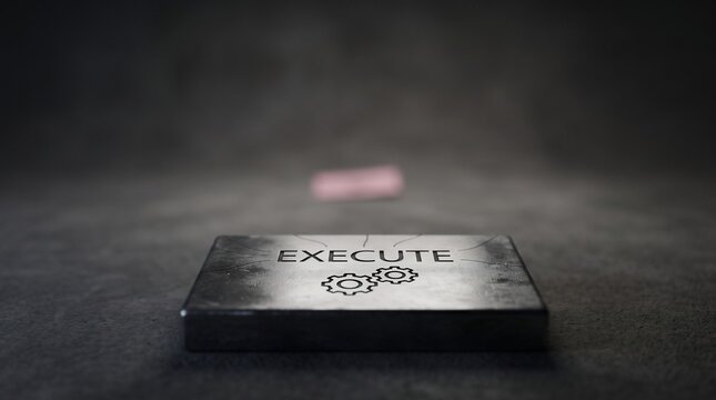 Metallic block with execute text and gear icons set on a dark concrete surface representing business strategy