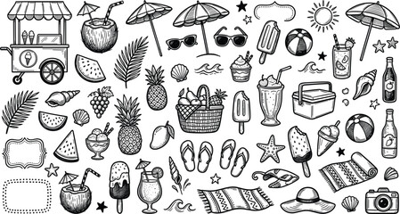 Summer beach vacation and tropical resort holiday hand drawn doodle icons set featuring ice cream cart cocktail coconuts pineapples picnic baskets umbrellas and travel elements pack © Sukhi