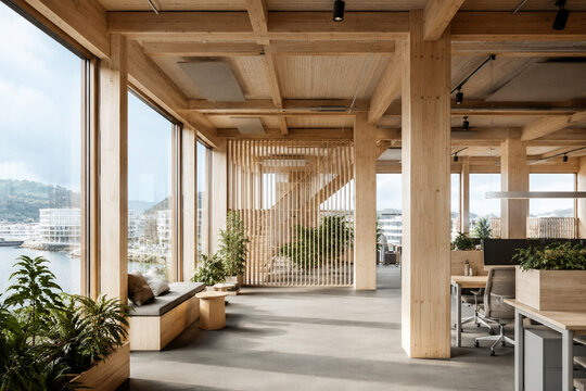 Mass Timber Office Interior with CLT Columns Biophilic Design and Harbour View
