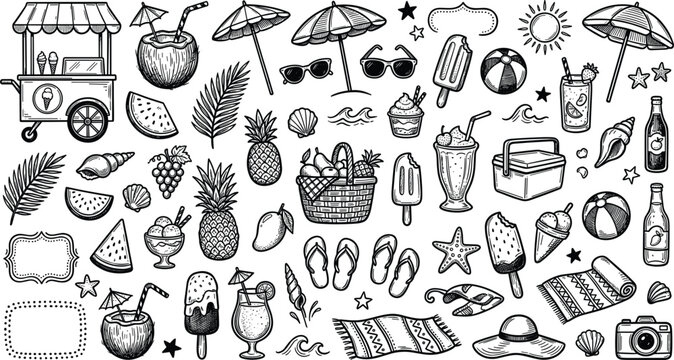 Summer beach vacation and tropical resort holiday hand drawn doodle icons set featuring ice cream cart cocktail coconuts pineapples picnic baskets umbrellas and travel elements pack
