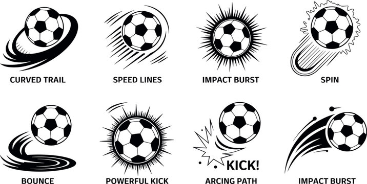 Black and white soccer ball vector motion effect set featuring curved trail speed lines bounce powerful kick and impact burst graphics