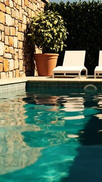 Rippling swimming pool water reflecting stone wall and potted plant near sun lounger