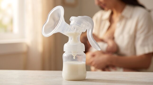 Manual breast pump with milk and mother nursing baby in background