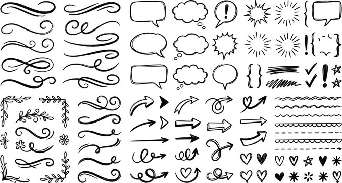 Hand drawn business dashboard and ui interface doodle icons set featuring notification speech bubbles geometric frames crowns timeline arrows footprints and data metric charts vector pack