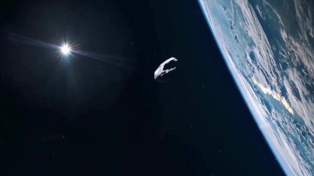 Asteroid flying towards planet Earth with bright sun flare. Diagonal view of a giant meteorite approaching globe in deep outer space, armageddon and sci-fi concept.