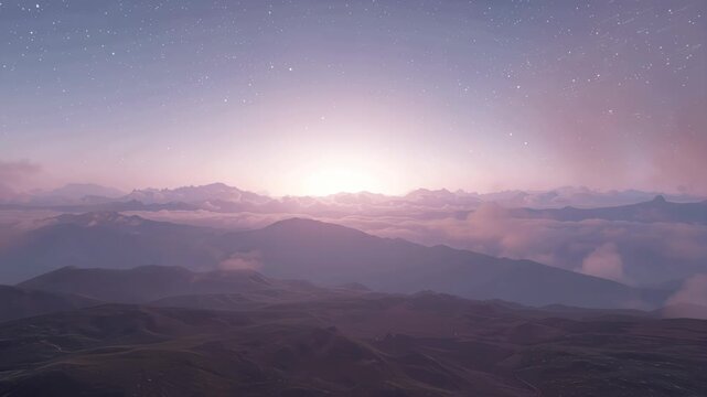 Soft sunrise over layered mountain range with mist and starry sky dawn horizon pastel glow misty