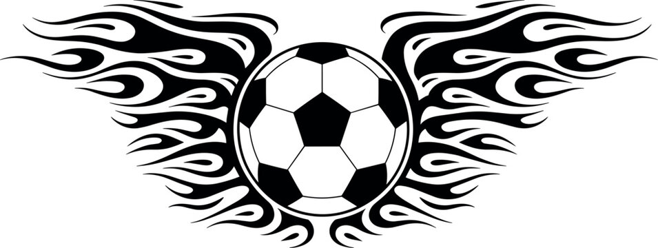 Black and white soccer vector illustration featuring a football with decorative flaming tribal wings over a clean background