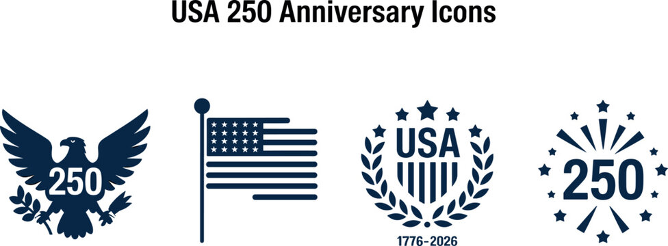 USA 250 anniversary vector icon set featuring semi quincentennial eagle american flag laurel shield and fireworks celebration