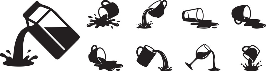 Naklejka premium Spilled Beverage and Pouring Drink Silhouette Icons Set with Coffee Cup Liquid Splash and Overflow Vector Collection