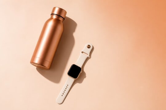 Copper water bottle and smartwatch on beige background minimalist product flat lay