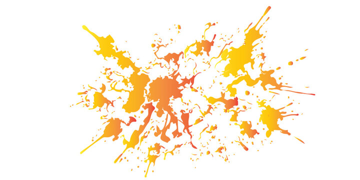 Vector illustration of a fire flames set and background with artistic orange and yellow watercolor paint splashes, grunge ink splatters, and colorful brush texture design elements