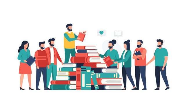 Diverse group of people reading and sharing books, education concept