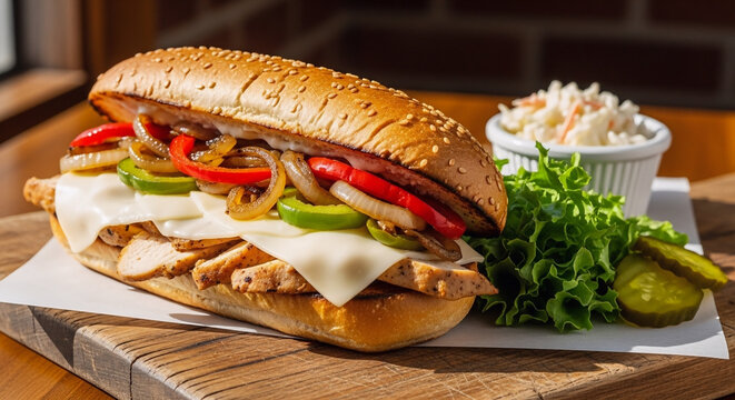 A delicious chicken philly sandwich served with coleslaw and pickles on a wooden board which is perfect for a menu photograph or restaurant advertisement