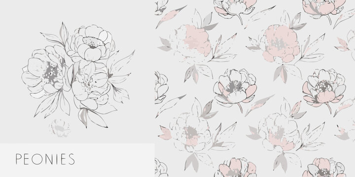 Peony flower illustration set delicate line drawing with pastel coloring