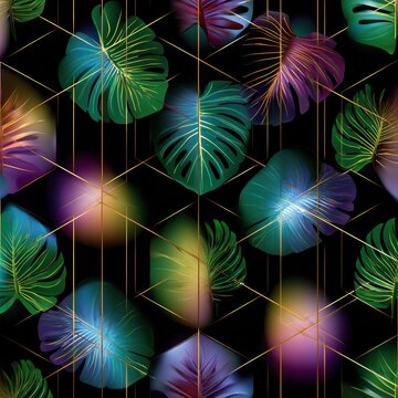 Seamless geometric grid of neon foil tropical leaves with modern luxury style