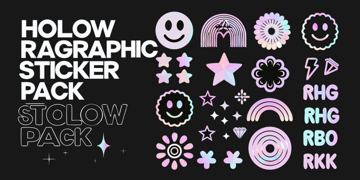 Holographic sticker pack arrangement on a black background iridescent designs