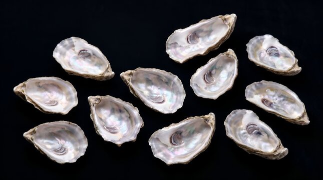 Ultra-photorealistic luxury still-life product photography featuring a collection of exactly 10 naturally formed oyster shells scattered organically across a deep matte black backgrounD