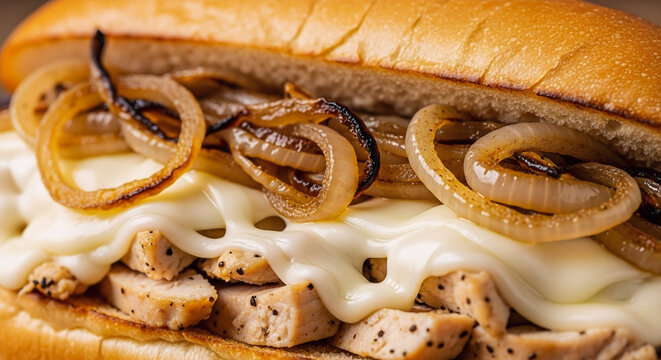 A delicious chicken philly cheesesteak sandwich featuring seasoned sliced meat melted provolone cheese and caramelized onion rings on a fresh hoagie roll